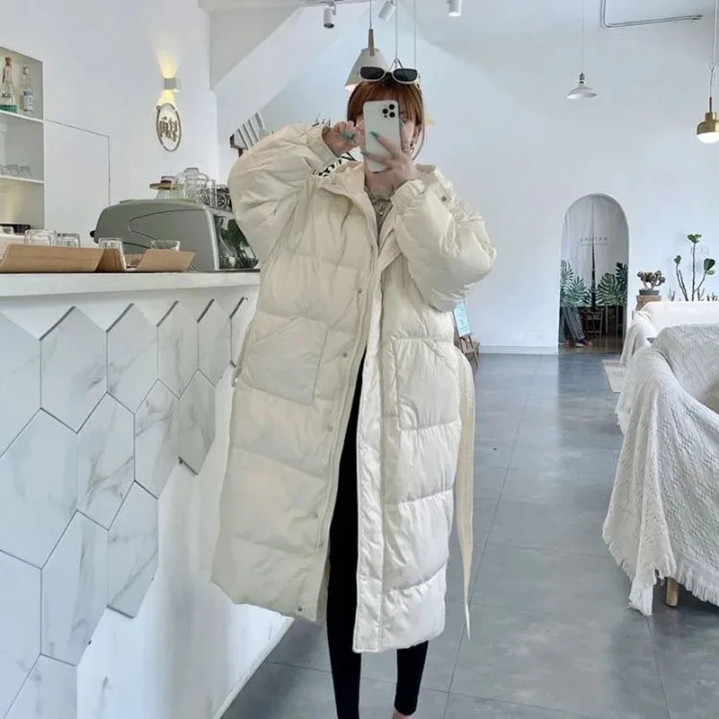 

White Duck Down Jacket Womens Winter Korean Simple Belt Long Over-the-knee Parkas Fashion Casual Loose Hooded Bread Coat Women