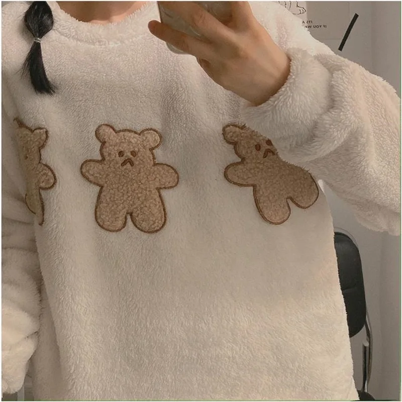 Autumn and Winter Coral Velvet Pajamas Women Thickened Flannel Flannel Brown Bear White Home Wear Winter Warm Suit