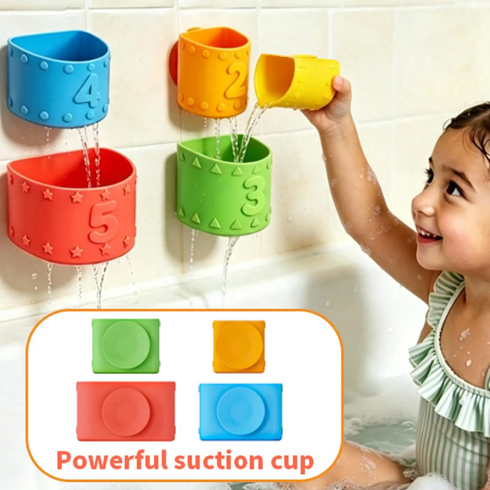 5Pcs Suction Cup Bath Toy Waterfall Stacking Cups Silicone Sensory Bathtub Game Interactive Shower Play Toy For Boys Girls