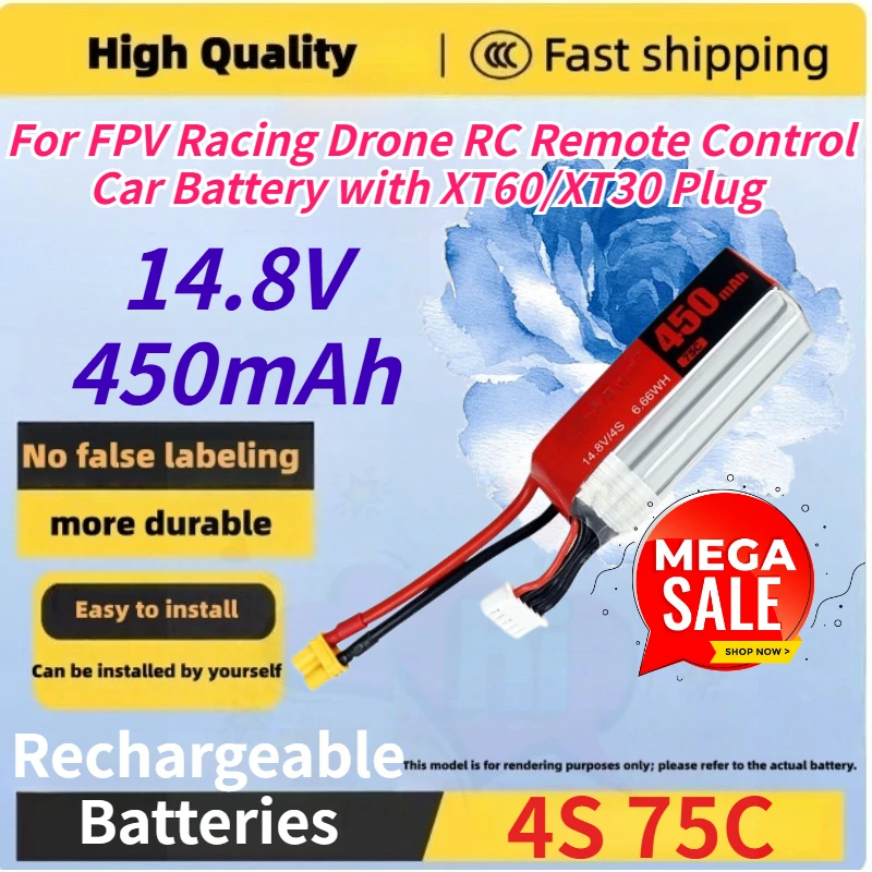 14.8V 450mAh 4S 75C Replace Rechargeable Lipo Battery for FPV Racing Drone RC Remote Control Car Battery with XT60/XT30 Plug
