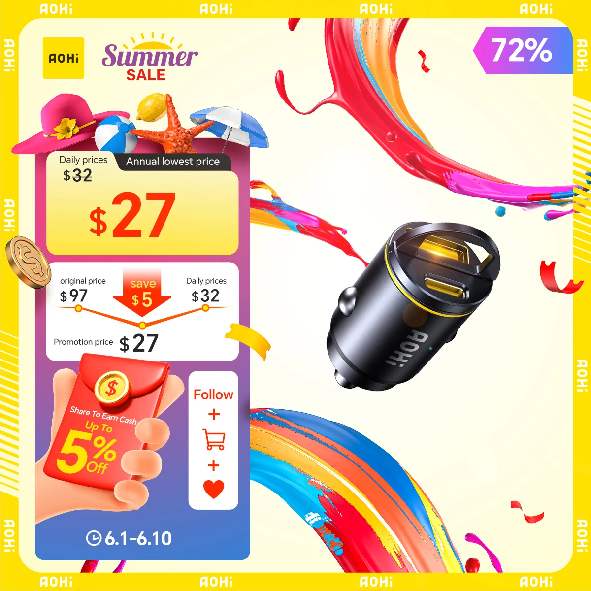 AOHI SUPERAUTO PD 45W Fast Car Charger (USB-C & USB-A)
