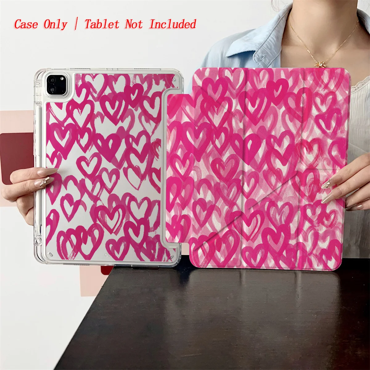 

Romantic Y-Fold Acrylic Pastel Pink Hearts Print iPad Case For Apple iPad Pro/Air/Mini Slim Anti-Scratch Cover