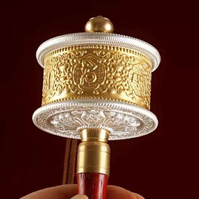 Tibetan Handheld Prayer Wheel,Golden Hand-Cranked Alloy Prayer Wheel Sanskrit Inlaid Gem Altar Decorative,Buddhist Hall Item