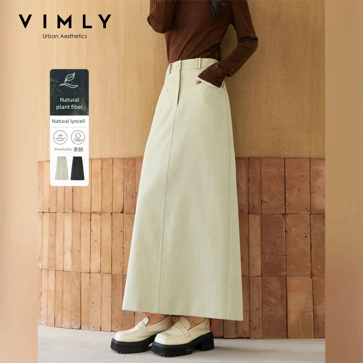 VIMLY Women's Khaki Long Skirt High‑waist Commuter Casual Straight Back‑slit Midi Skirt 2026 Fall Fashion Elegant Skirts A0918