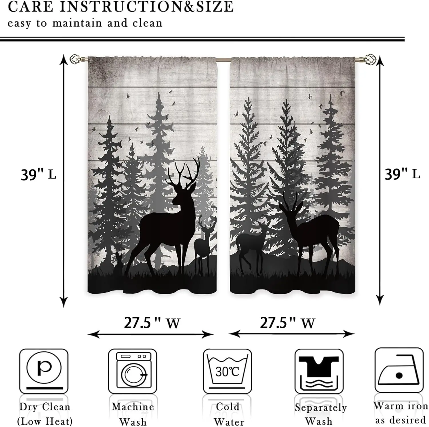 Rustic Woodland Deer Forest Silhouette Curtain Pair Black White Nature Cabin Living Room Nursery Window Decor
