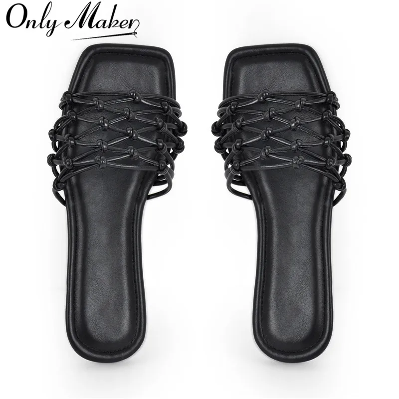 Onlymaker Women Square Toe Sandals Flats Slipper Big Size Black Lady Summer Sandals