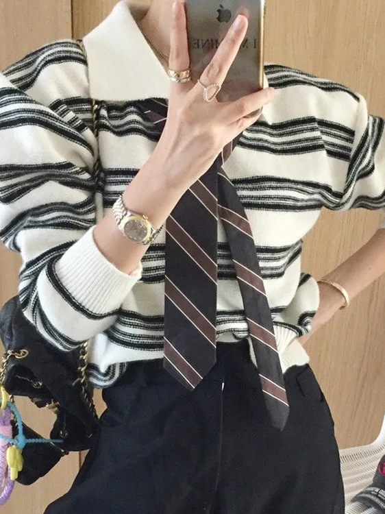 

Retro Striped Collared Oversized Knitwear Women's Chic Loose Fit Comfortable Sweater Autumn Winter New Sle Faionable Lazy...