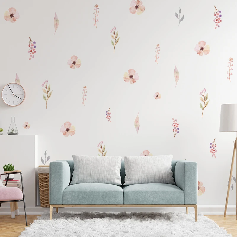 Pink Flowers Wall Stickers for Living Rooms, Background Wall Decoration, Self-adhesive Vinyl Sticker, Girls Bedroom