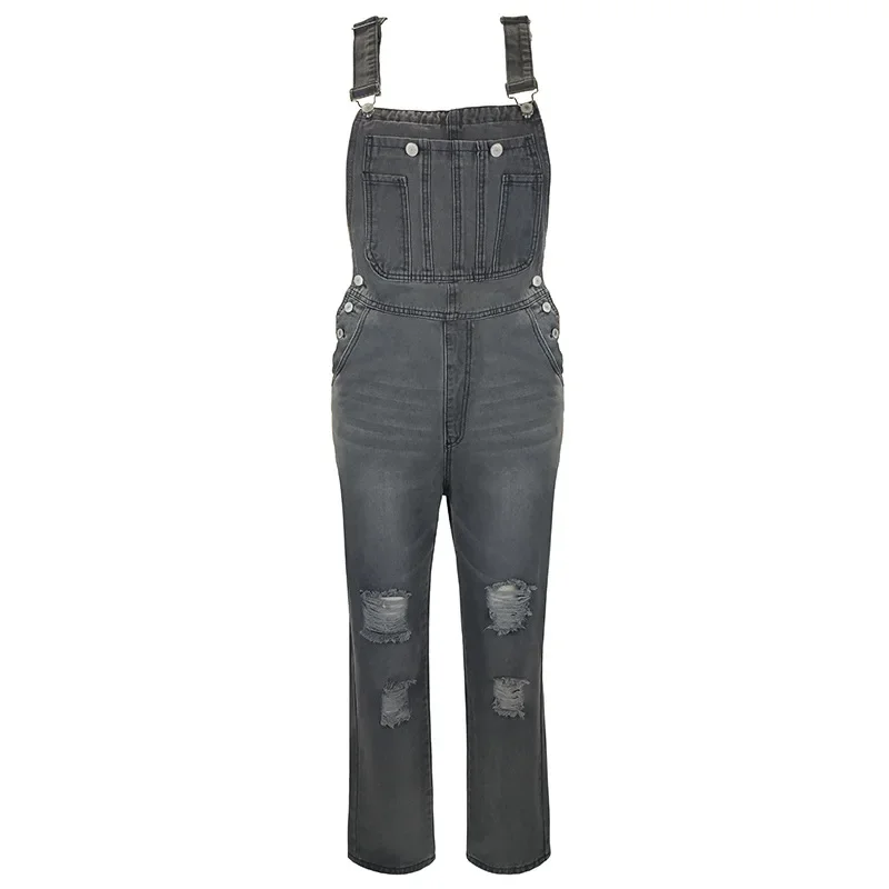 Combinaison en denim bleu pour femme, barboteuses à trous, pantalon de travail décontracté, jean spinal, pantalon long, streetwear, chaud, Y2K