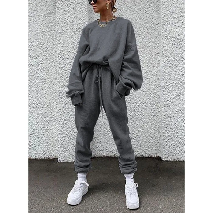 Autumn Winter Yellow round Neck Long Sleeve T-Shirt with Belted Long Pants Women's Casual Sporty Two-Piece Set Fashionable Co...