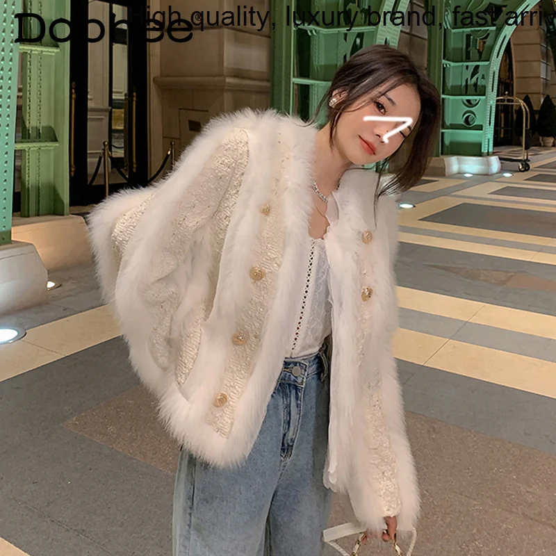 

Женская двухбортная шуба из лисьего меха, зимний твидовый кардиган свободного кроя с хлопковой подкладкой и прострочкой, пушистая куртка