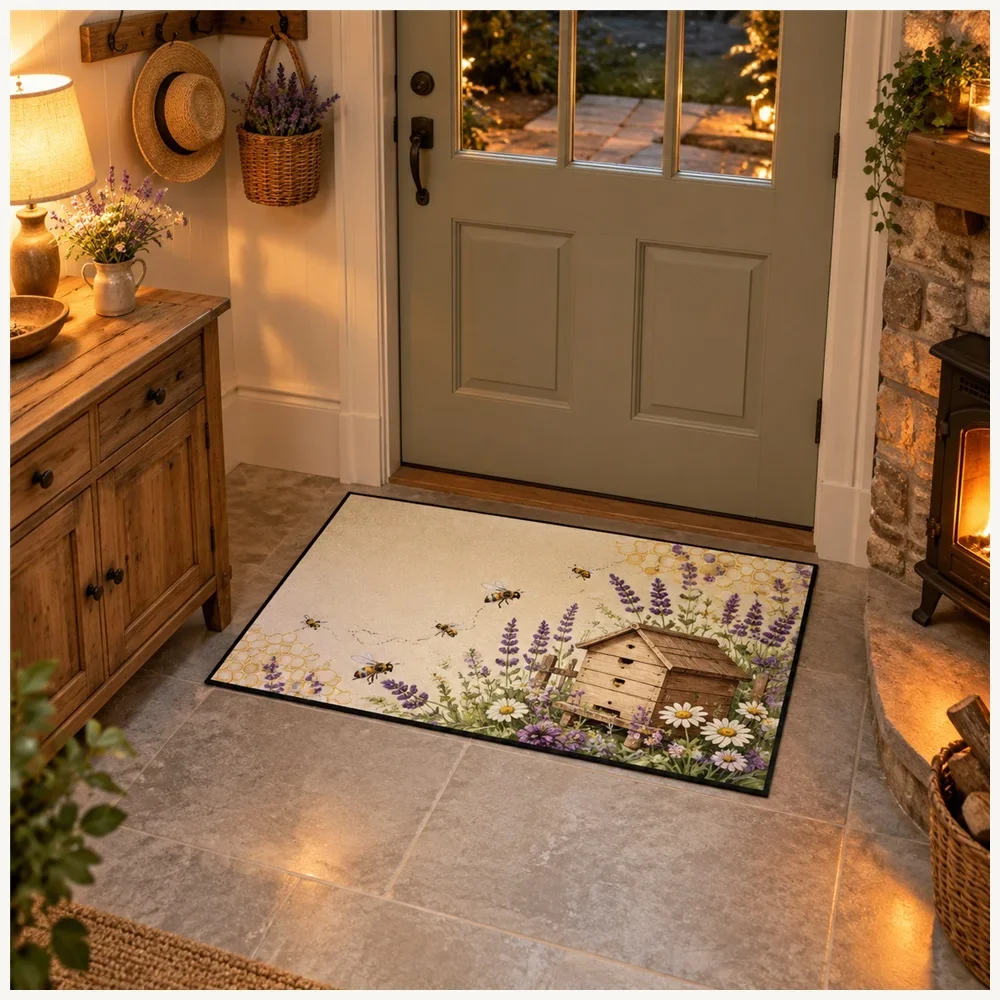 VIKAMA Bee Hive Door Mat, Soft Non Slip Flannel Rug, English Country Floor Mat for Kitchen, Utility Room, Living Room
