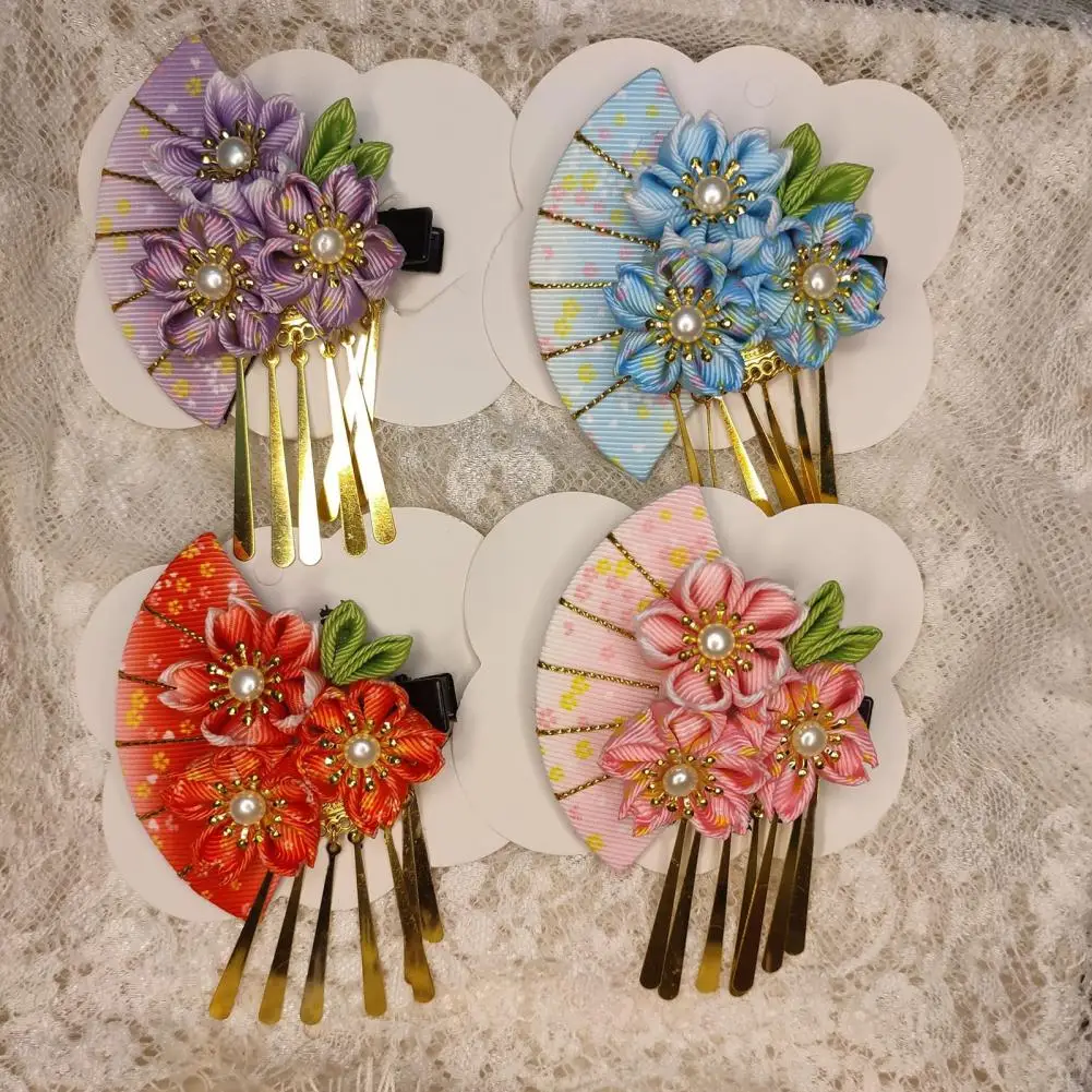 

Hair Accessories Japanese Traditional Dress Hair Clip Set with Faux Pearl Fake Flower Fan Decor for Kids Girls Cosplay Headgear