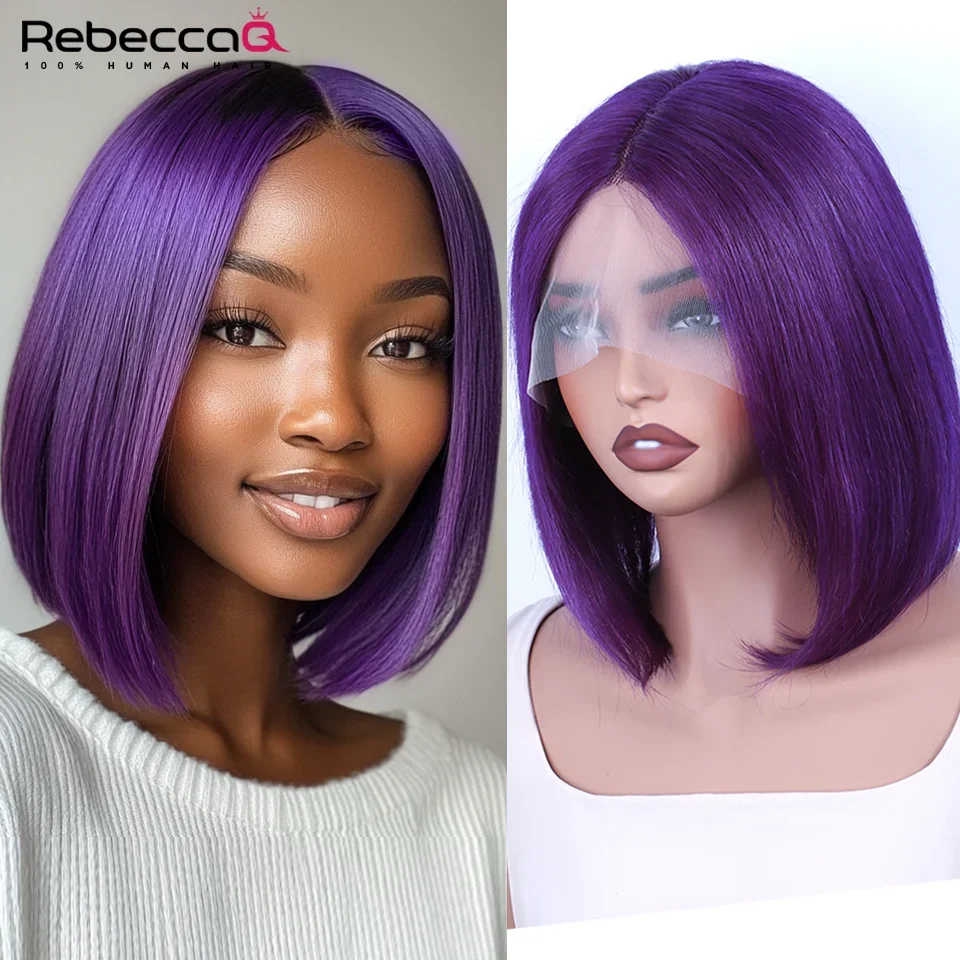 QVR Purple Color Bob Wig Transparent Lace Front Human Hair Bob Wigs 180 Density Short Straight Lace Bob Wig Human Hair For Women