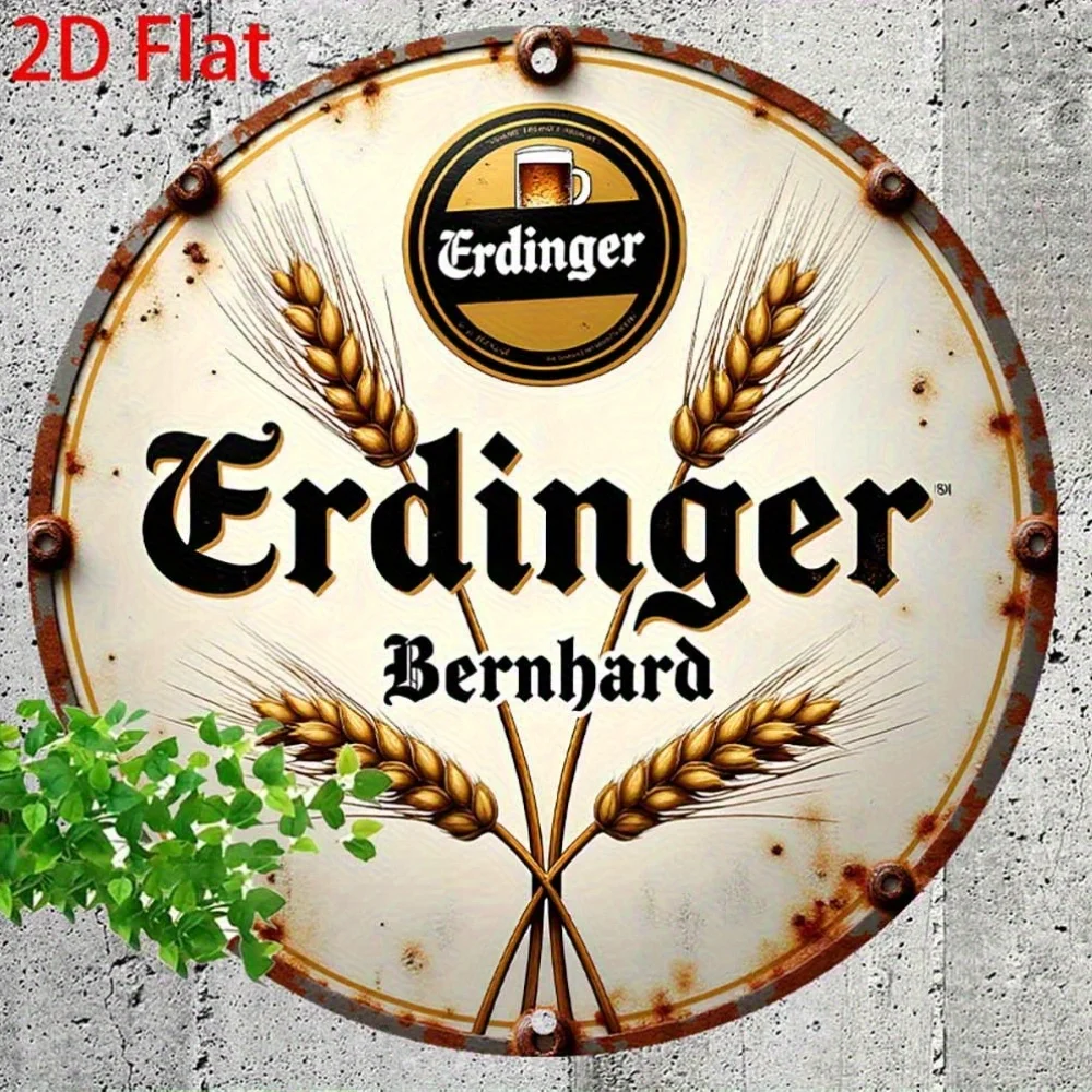 2D Flat - 1pc Vintage Erdingen Bernhard 20.32x20.32 cm Aluminum Wall Sign - Rustic Round Beer Decor with Golden Wheat Design, Pe