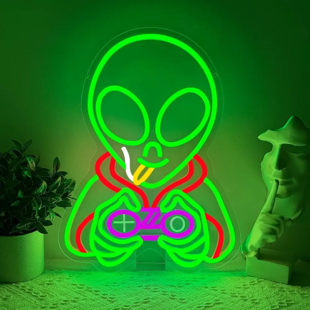 Green Alien Gamr Neon Sign USB Dimmable LED Light for Bar Bedroom Club Party Man Cave Game Room Backdrop Wall Art Decor Gift