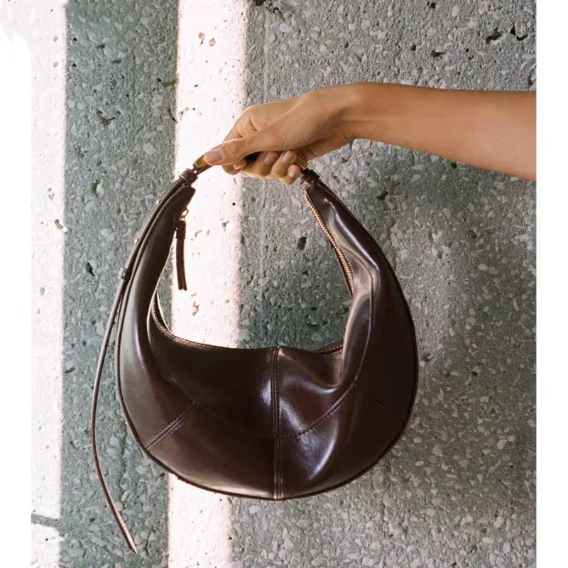 Cross-border European  American Retro Crescent Bag Splicing Design Metal Handle Small Portable Shoulder Armpit Bag Dumpling Type