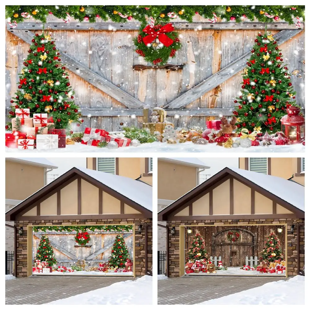 

Рождественская крышка баннера для гаражных ворот, деревенская деревянная дверь, зимняя снежная рождественская елка, подарки, декор для рождественской вечеринки, большой фон для фотосъемки