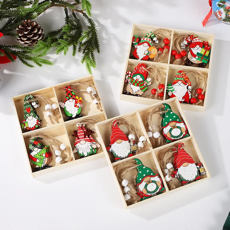 New Christmas Painted Wooden Pendants Santa Gifts Christmas Trees 12PCS Boxed Ornaments Four Palace Grid Christmas Gift