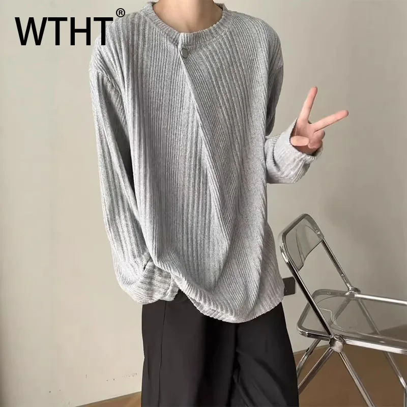 

Мужская модная футболка WTHT с однотонной вязаной текстурой, на пуговицах, свободного кроя, с круглым вырезом, повседневный пуловер, лето 2026, 2A2956