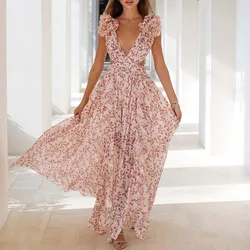 ​ ​ Abito lungo da donna elegante con stampa floreale Abito lungo sexy con scollo a V profondo senza maniche Abito da festa in chiffon con pieghe in vita con volant