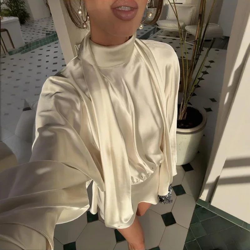 레이스업 우아한 새틴 드레스 여성 패션 섹시한 크루넥 루즈핏 긴팔 솔리드 스플라이싱 가을 숏 드레스 여성용