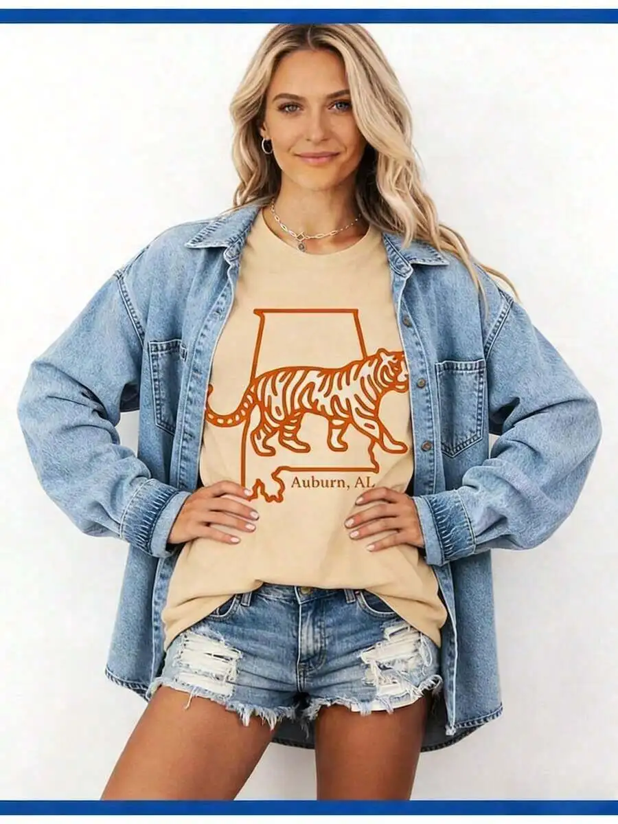 Womens Cotton Tee With Auburn Tiger Print Casual Loose Top