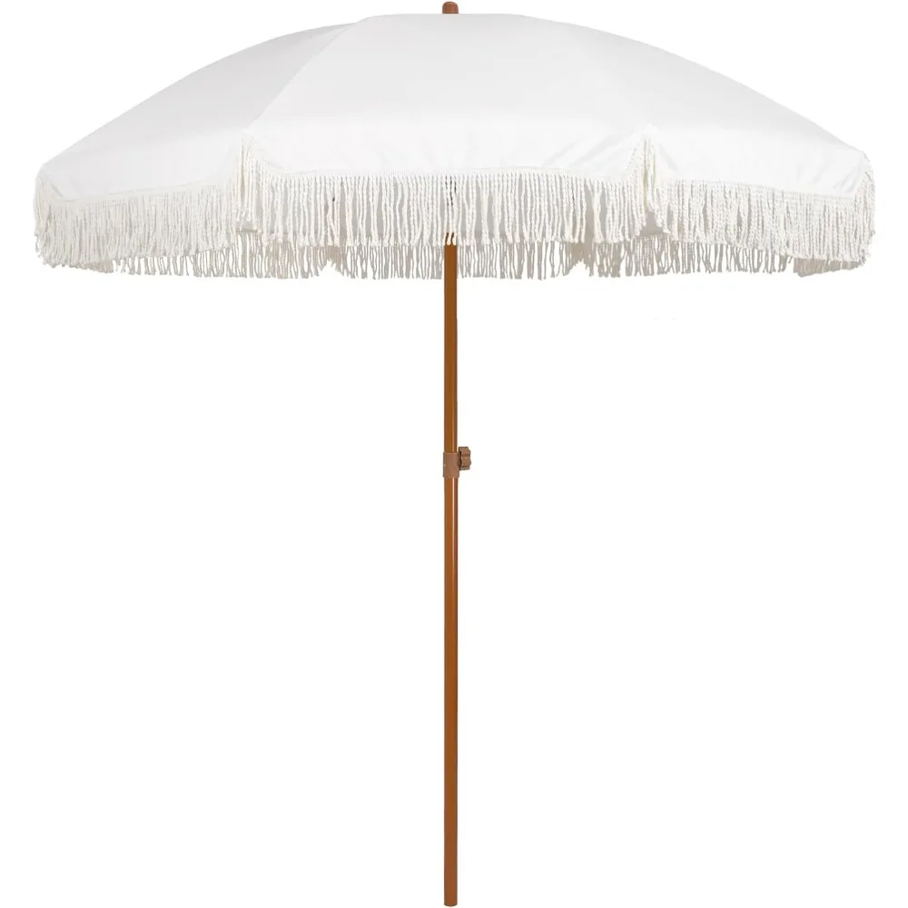 

AMMSUN 7ft Patio Umbrella with Fringe Outdoor Tassel Umbrella UPF50+ Premium Steel Pole and Ribs Push Button Tilt, White Cream