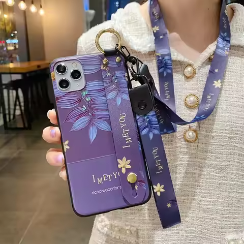 Lanyard Case For Samsung S25 S24 S23 S22 Plus Ultra S21 S20 FE A55 54 35 15 52 53 73 25 Flower Leaf Wrist Strap Holder Cover