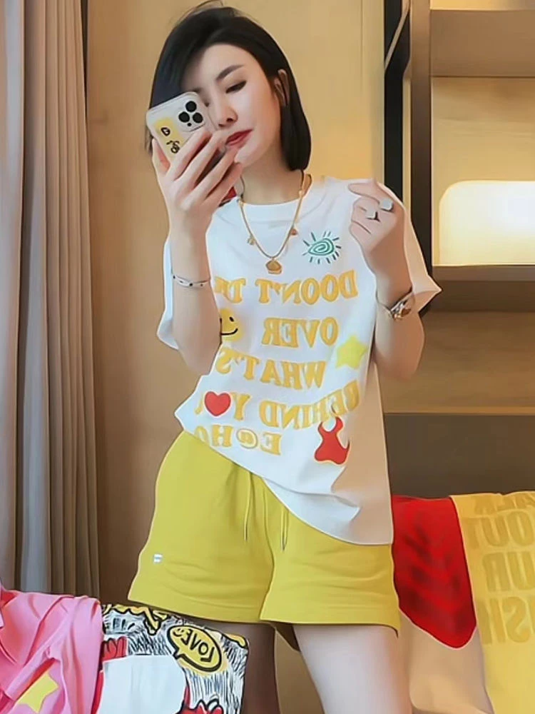 

Summer New Style Loose Cartoon Letter Short Sleeve T-Shirt And Shorts Set Comfortable Youthful Two-Piece Suit for Women