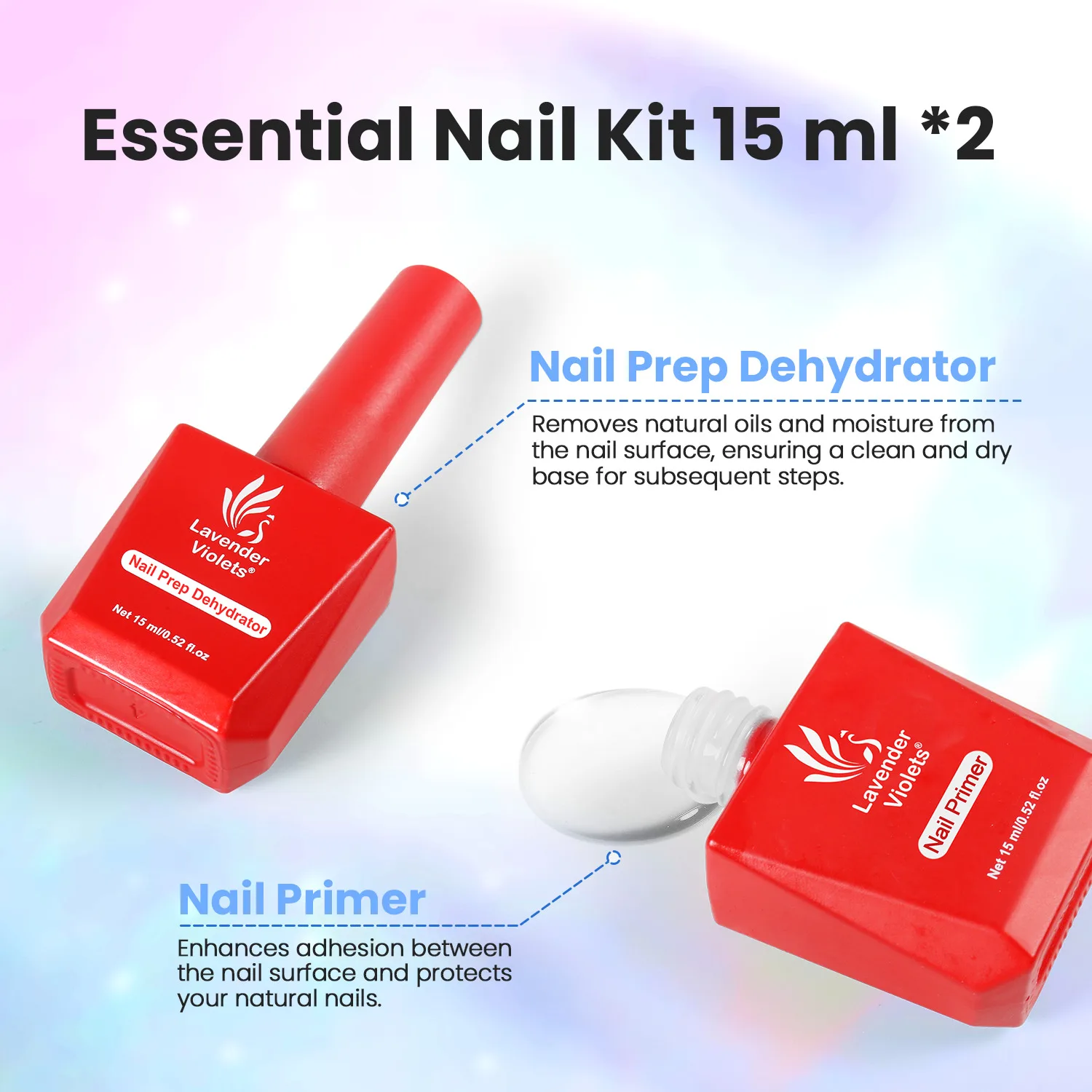 2 قطعة 15 مللي مجموعة برايمر الأظافر وإعداد الأظافر، غراء إعداد الأظافر سريع الجفاف بالهواء، لا حاجة معالجة لتصميم فن الأظافر يدوم طويلاً