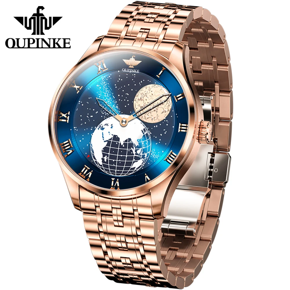 OUPINKE Luxury Swiss Automatic Watch Men 3D Earth Starry Star Rotating Dial Moon Phase Men\'s Wristwatch Mechanical Watch for Men