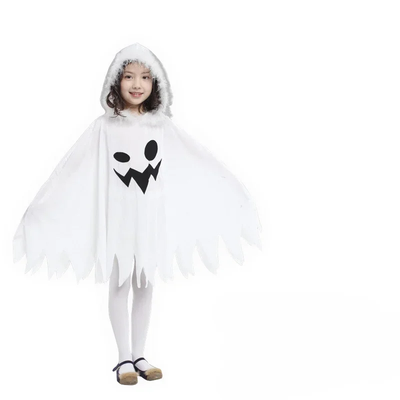 Halloween Cloak Cloak Children\'s White Ghost Print Cosplay Dress Up Cross-Border Hot Selling Elf Costume Halloweenfor Women