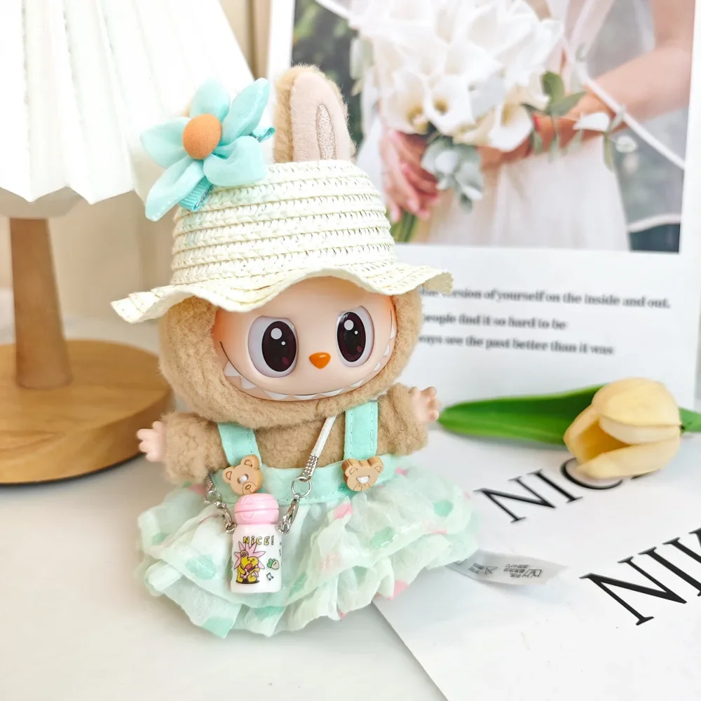 Wrinkled Dress Knitted Straw Hat Vacation Style Plush Doll Outfit Perfect for 17cm Labubu Accessories and DIY Gifts