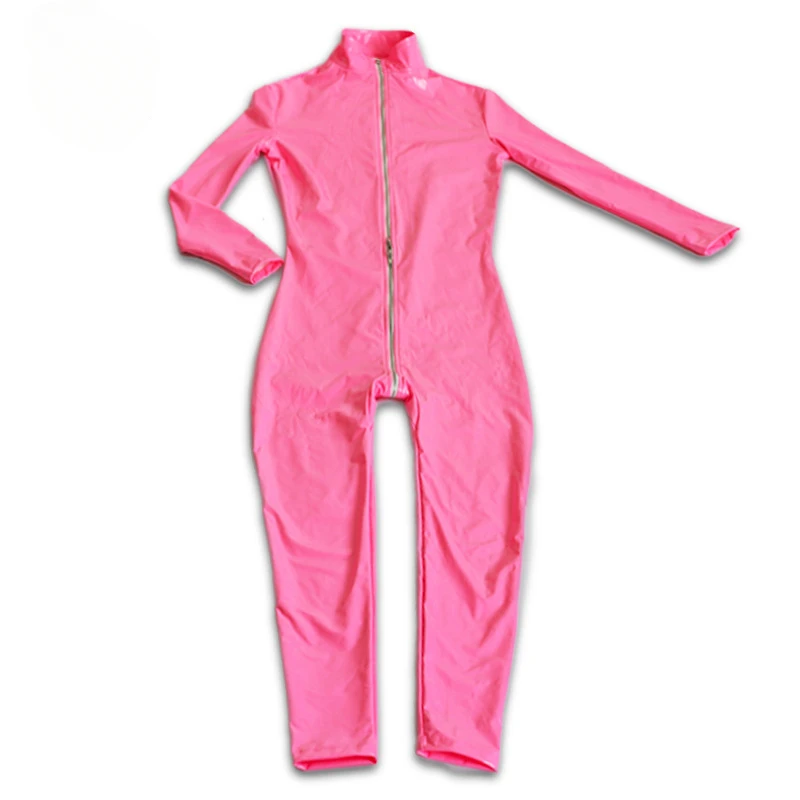 Tute da donna in pelle verniciata lucida tute in finto lattice elasticizzato rosa Slin tute da festa a maniche lunghe con Zip sul cavallo aperto