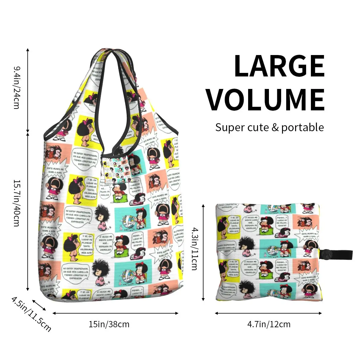 Mafalda de Manga Quino personalizada para mujer, bolso de compras portátil de gran capacidad, de comestibles, Kawaii, de dibujos animados