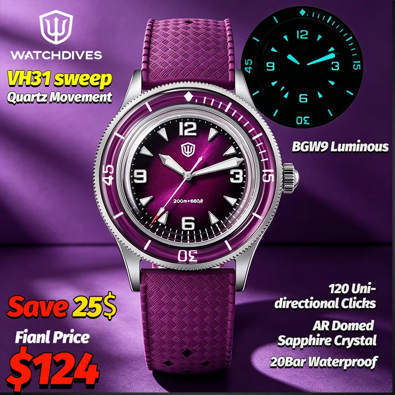 Watchdives – montre de plongée noire pour hommes, WD50Q, 38Mm, VH31, secondes à balayage, à quartz, étanche 20 bars, saphir à bulles AR, lumineuse
