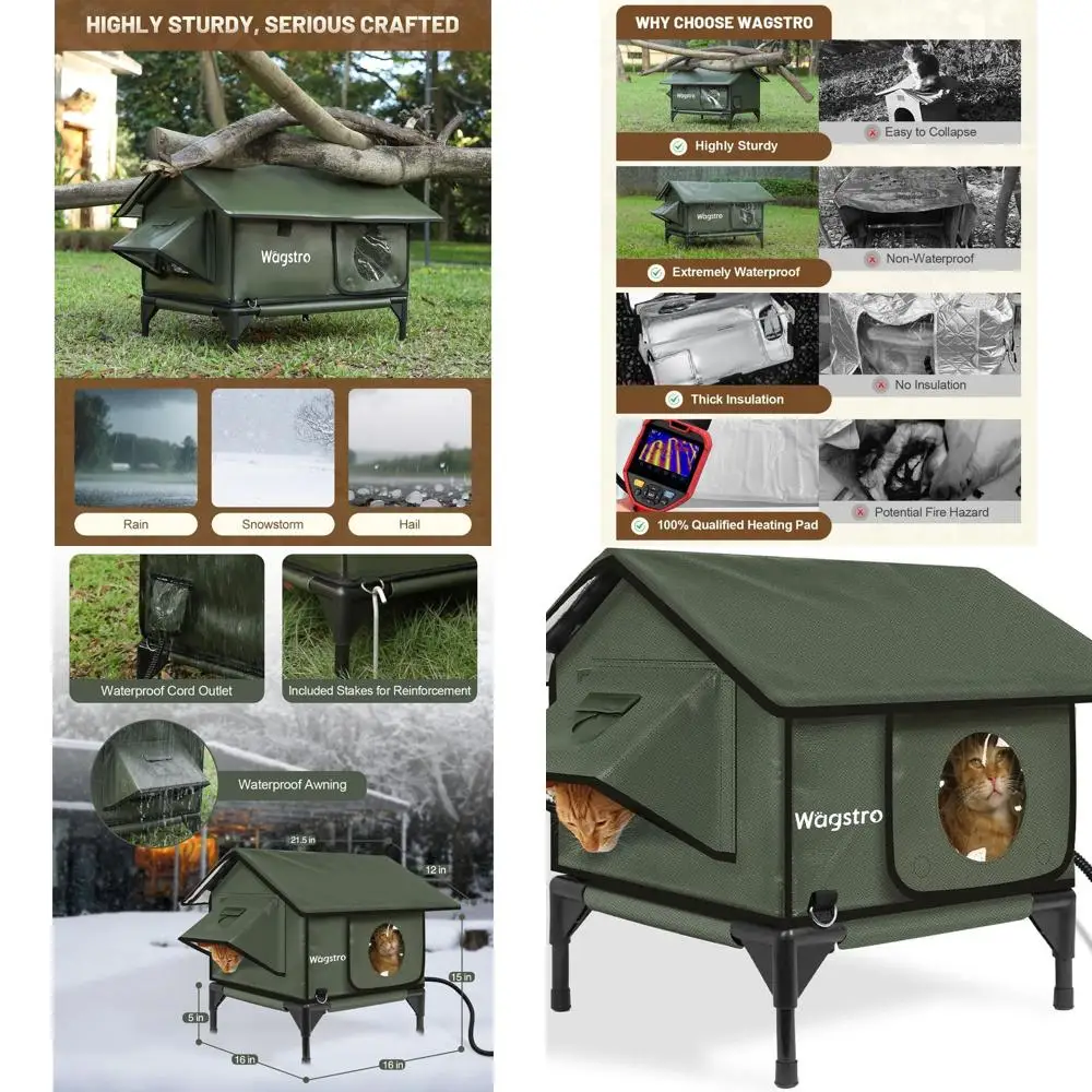 

Olive Green Insulated Outdoor Cat Shelter with Heater, Waterproof and Elevated, for Feral Cats, 16x16x19 Inches