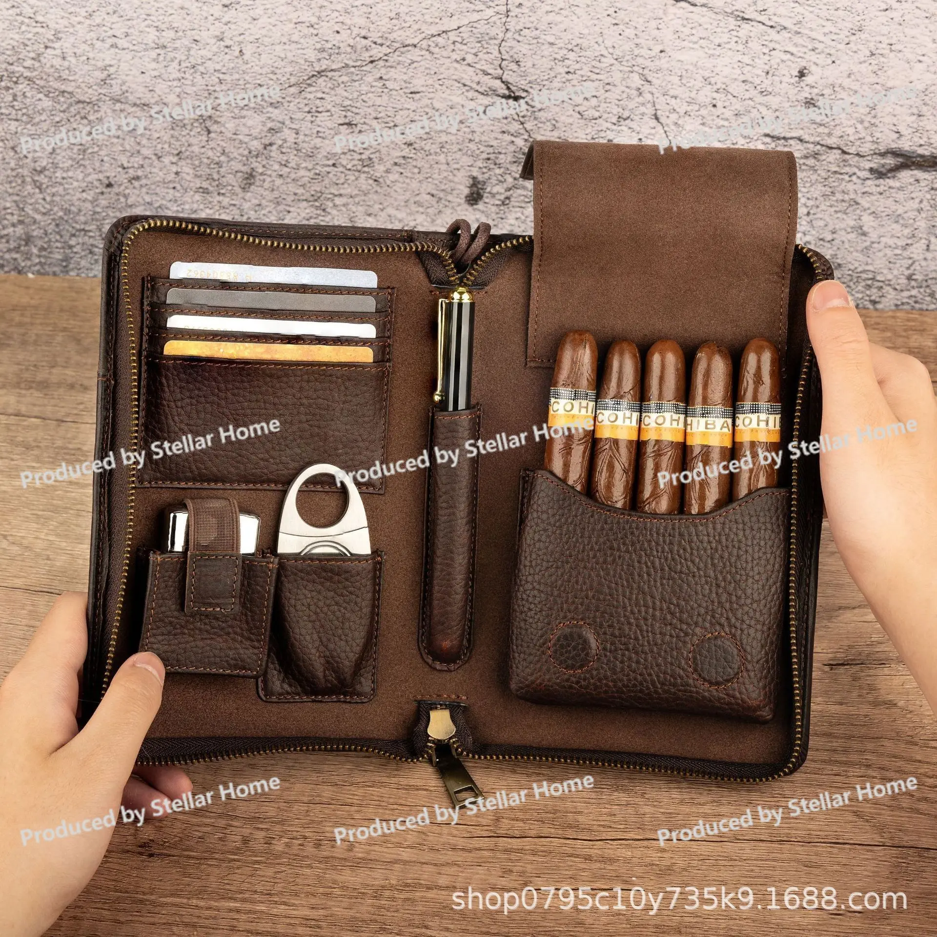 

New Vintage Crazy Horse Leather Men's Multifunctional Cigar Box 5 Pack Travel Wrist Convenient Cigar Case Men's