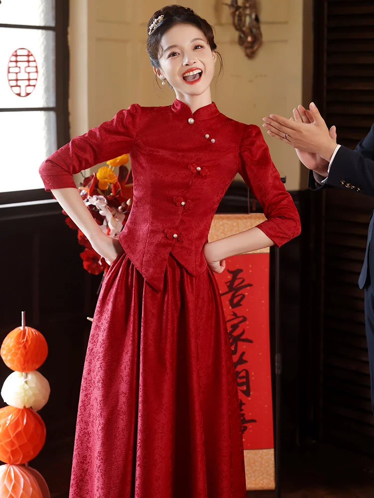 

Red Wedding Dr Suit Set New 2025 White Enhancing Chinese Sle Qipao for Bride Retro Sle Long Sve Floor Length