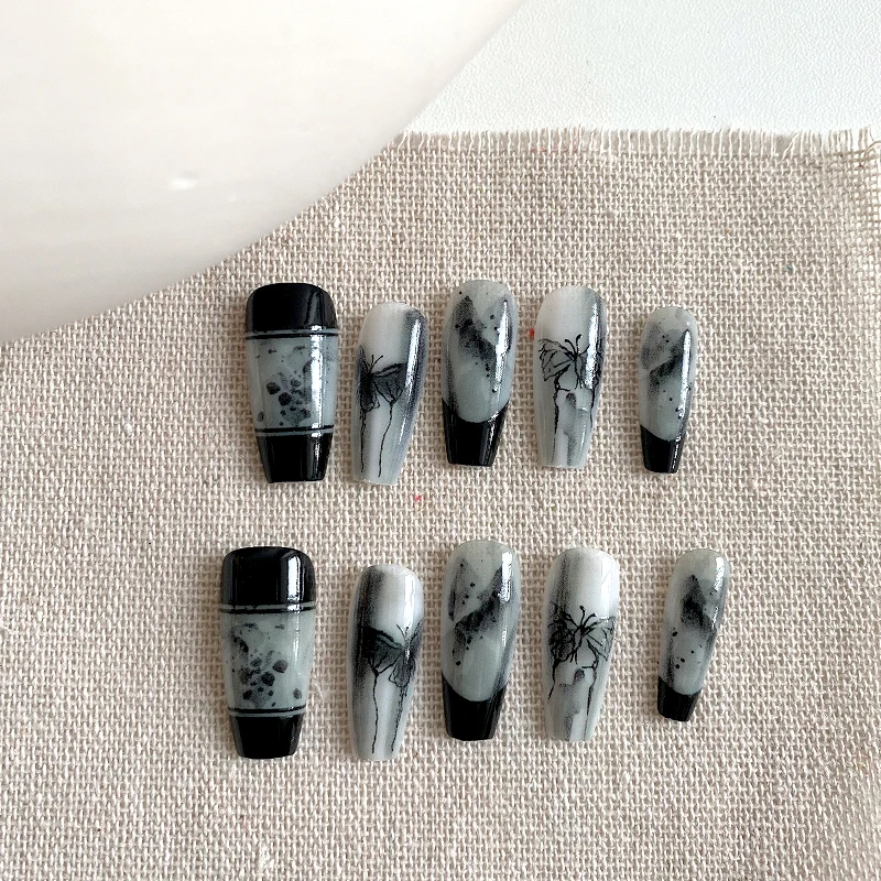 10 pièces d'ongles en forme de cercueil faits à la main, beaux faux ongles, nail art de style chinois, papillon à l'encre adapté aux femmes à utiliser