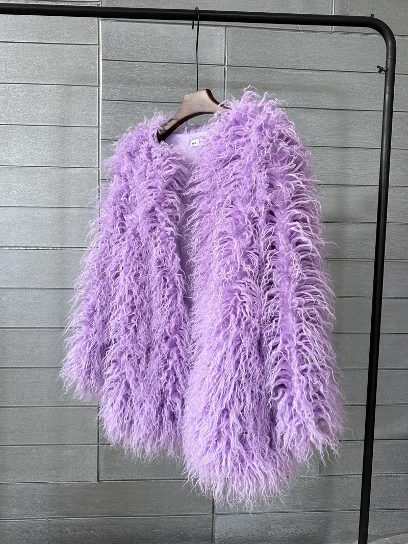 Mongolia Sheep Fur Women Medium Long Coat Jacket Colorful Warm Faux Fur Plush Coats Female Jacket Autumn Winter Furry Outerwear