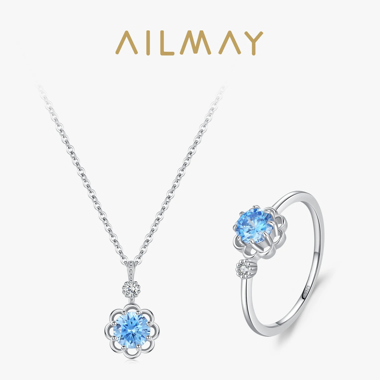 Ailmay 925 Sterling Silver Blue Zircon Flower Jewelry Set ,For Women Fashion Wedding Jewelry, Mother's Day Gifts