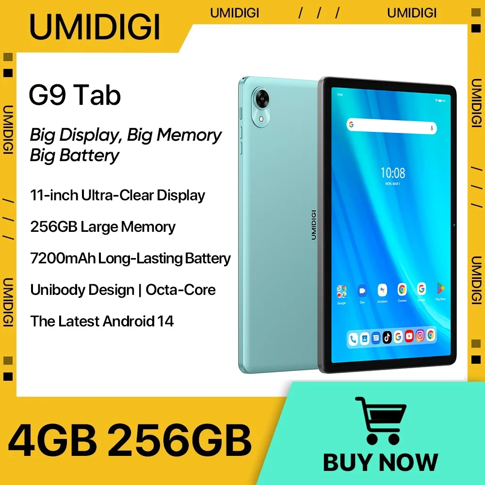 UMlDlGl G9 Tab Android 14 T606 8-Core 4GB 256GB 11 "HD IPS 13MP 7200mAh Mega Battery 18W شحن SlM بطاقة Android Tablet