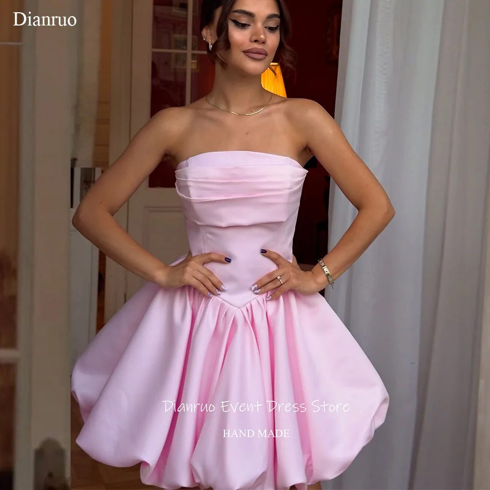 

Dianruo Modren Bubble Hem Prom Dress Strapless Satin Pleated Cocktail Dress Ruched Bodice Mini Abito Cerimonia Donna Customized