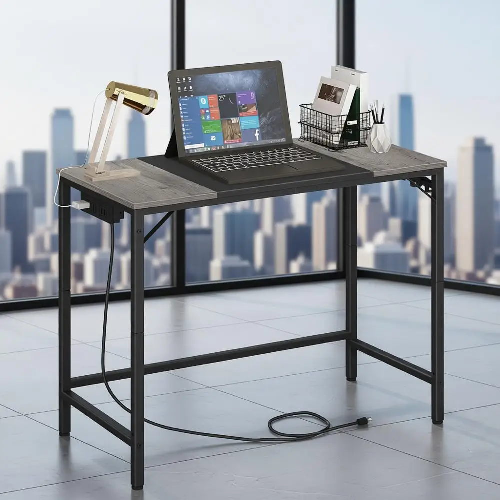 

Современный стол для домашнего офиса с розеткой, 3 крючками, темно-серый, прочный и удобный в сборке письменный стол для учебы