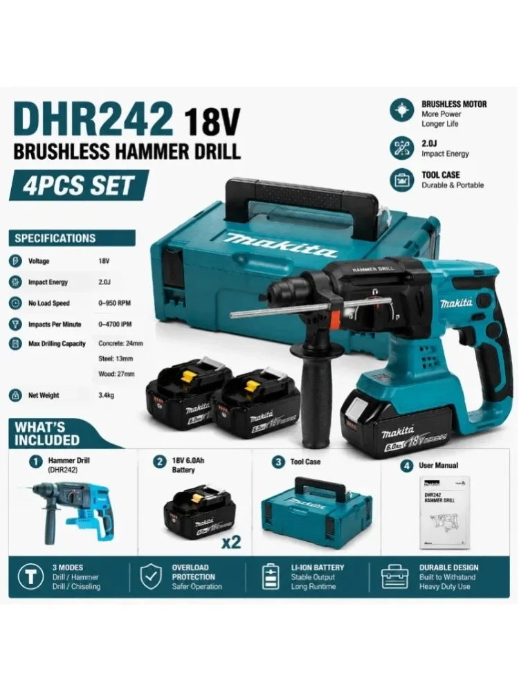 Makita DHR242 Professioneller Bohrhammer, 18V Kabellos Bürstenlos, 24mm Betonkapazität, 4700 IPM Schlagfrequenz, 3-Modus Hochleistungswerkzeug Mit 18V 6Ah Akku