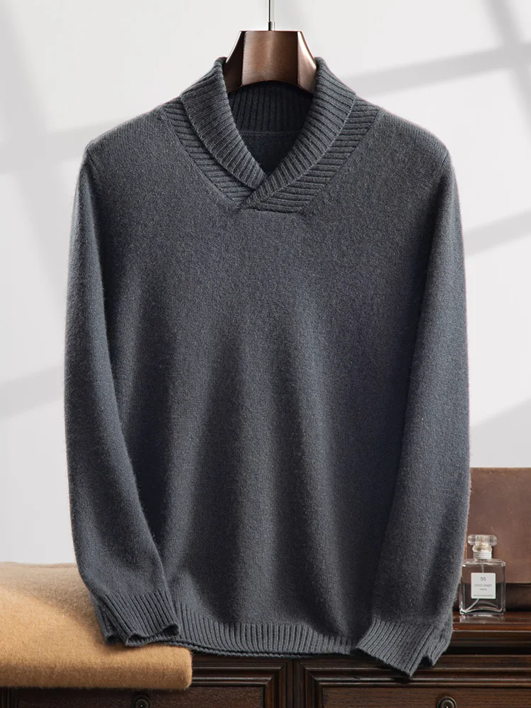 Suéter de cachemira con cuello de solapa para hombre, Jersey informal de manga larga gruesa, Tops de punto de alta calidad, otoño e invierno, 100%