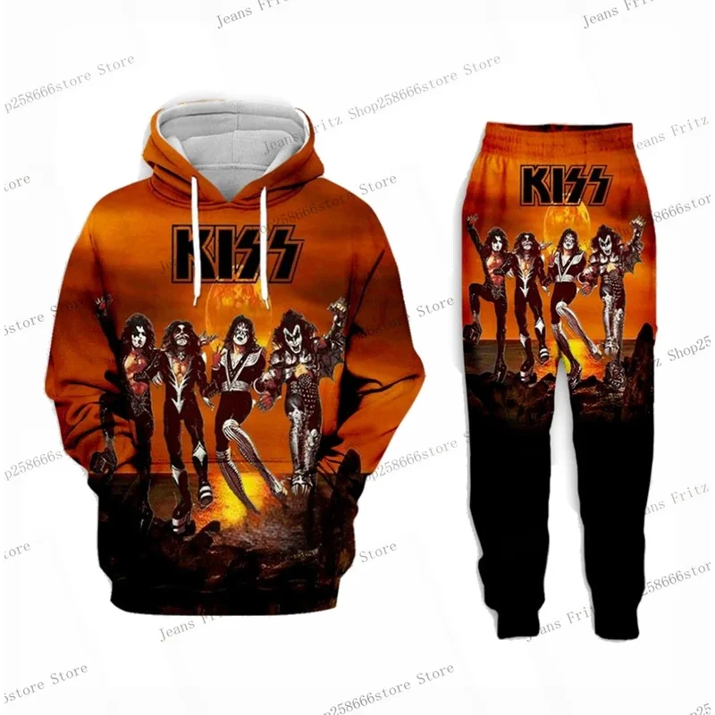 KISS Rock Band 2 ชิ้นชุด 3d พิมพ์ Hoodie กางเกงชุดแฟชั่นชายชุด Hip Hop Casual Hoodies กางเกงวิ่ง 2 ชิ้นชุด