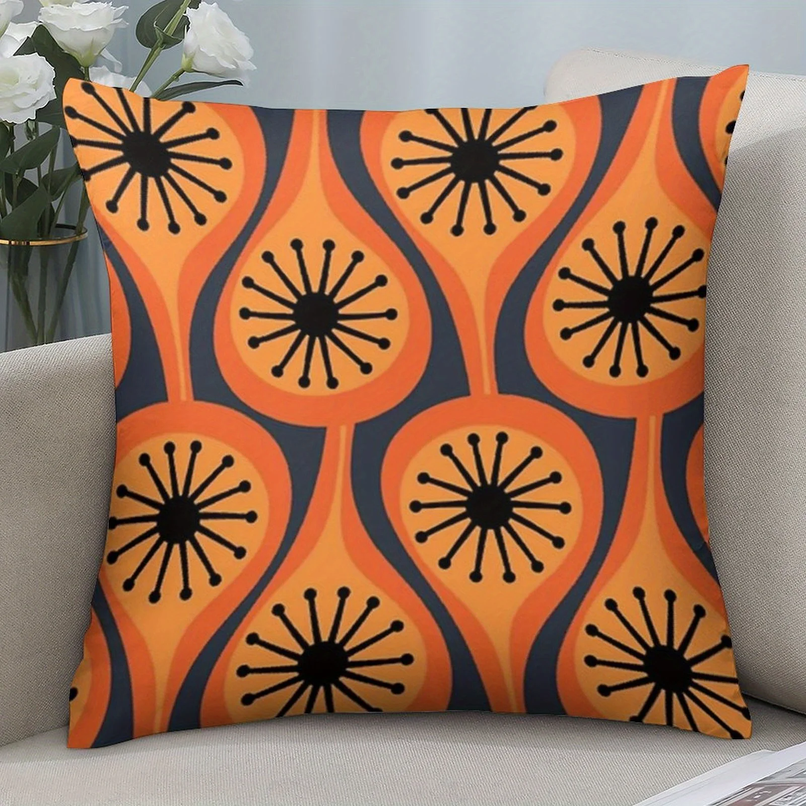 Retro Orange Geometric Pillowcase, Mid-Century Modern Cushion Cover, Abstract Flower Pattern Home Decor, Vintage Living Room